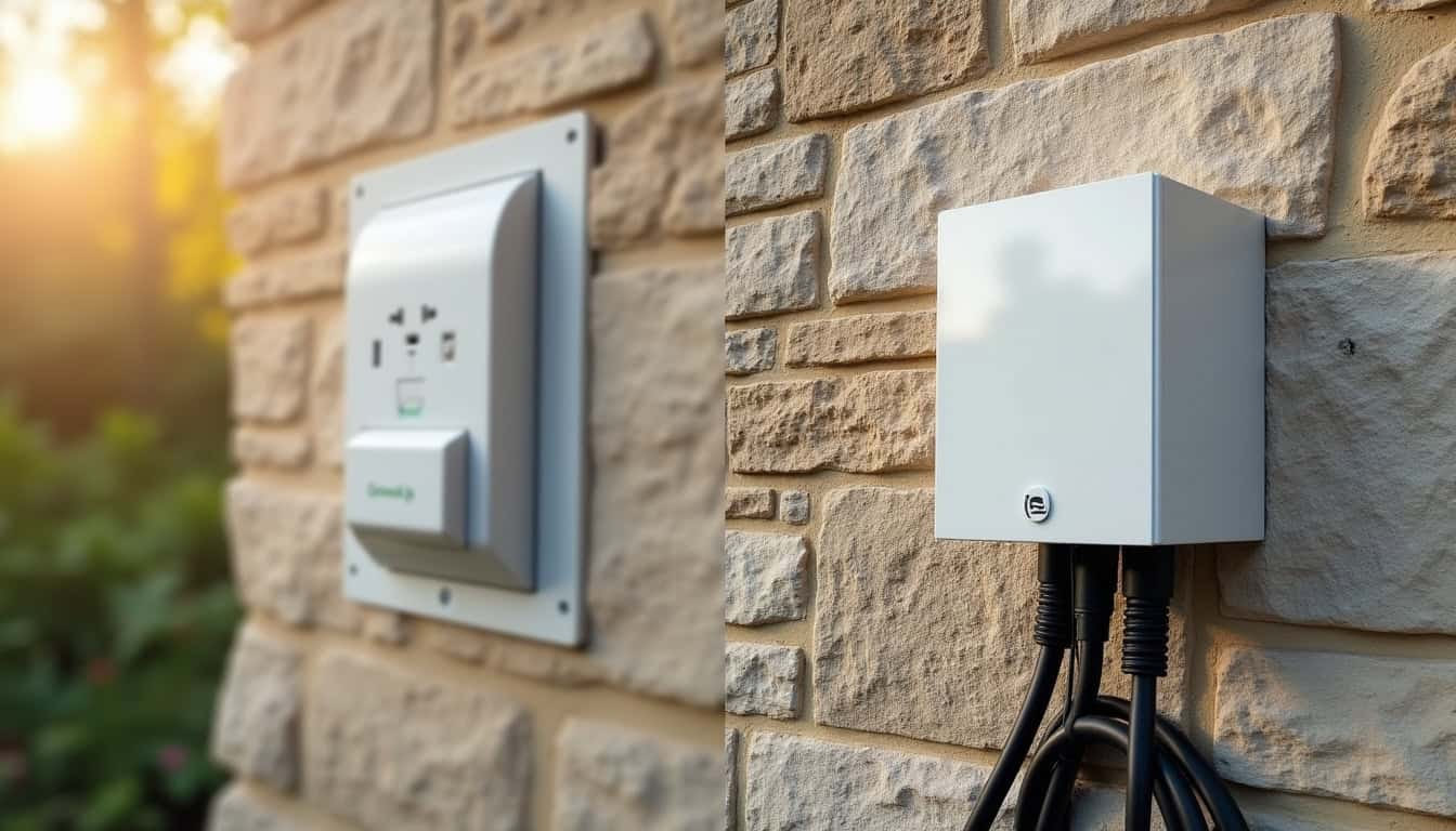 Comparaison visuelle entre une prise renforcée Green'Up et une borne murale wallbox