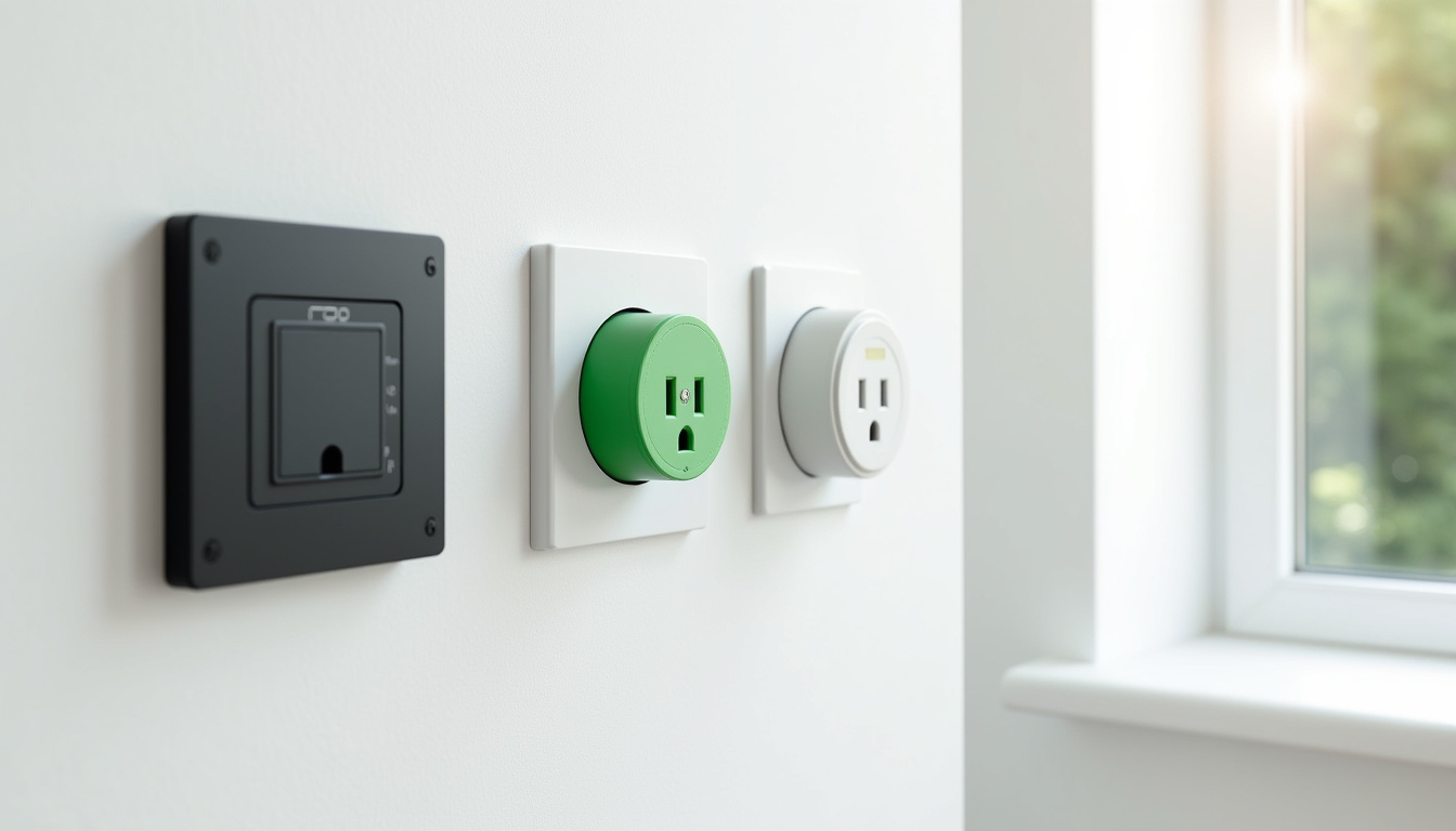 Comparaison visuelle entre une wallbox murale, une prise renforcée Green'up et une simple prise domestique