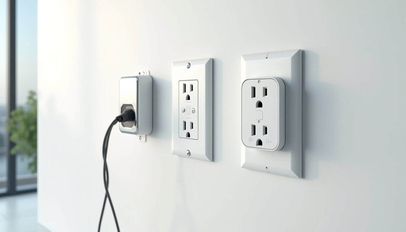 Comparaison visuelle entre une wallbox, une prise renforcée Green'Up et une prise domestique standard