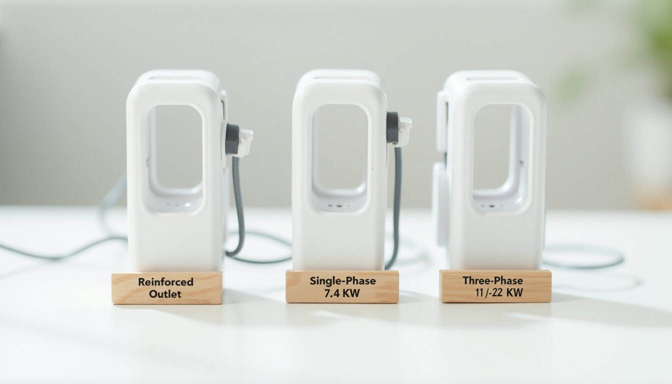 Comparatif des différents types de bornes de recharge électrique disponibles à Alès: prise renforcée, borne monophasée 7,4 kW et triphasée 11-22 kW
