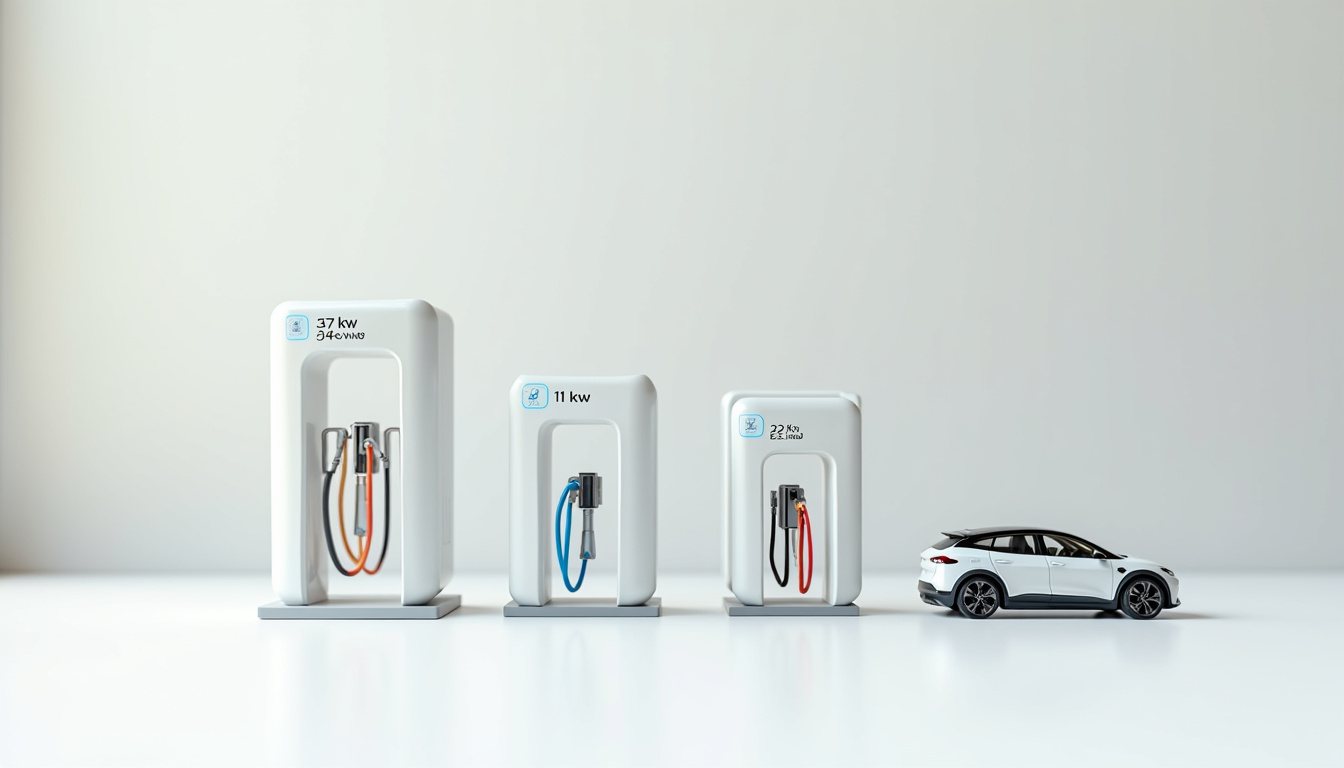 Comparatif des puissances de bornes de recharge électrique: 3,7 kW, 7,4 kW, 11 kW et 22 kW
