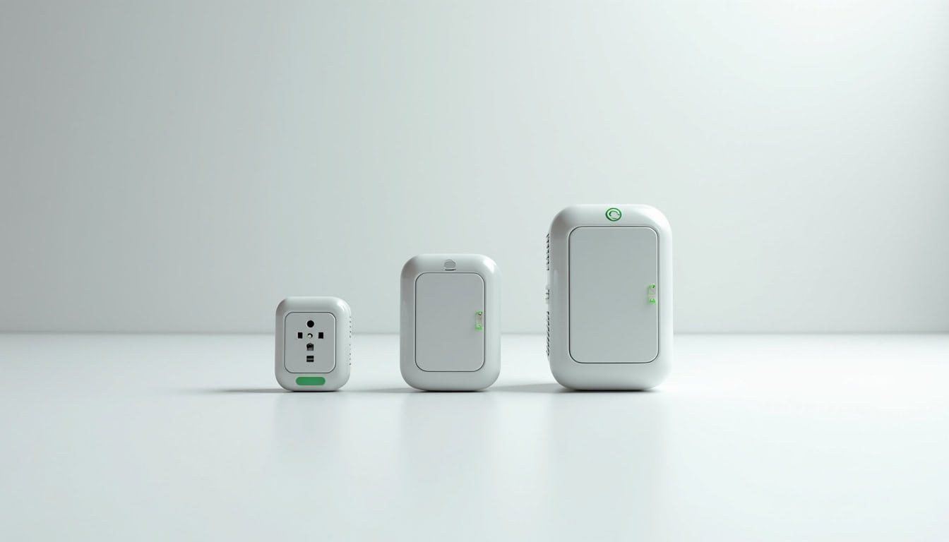 Comparatif visuel des différents types de bornes de recharge électrique: prise Green'up, wallbox et borne triphasée