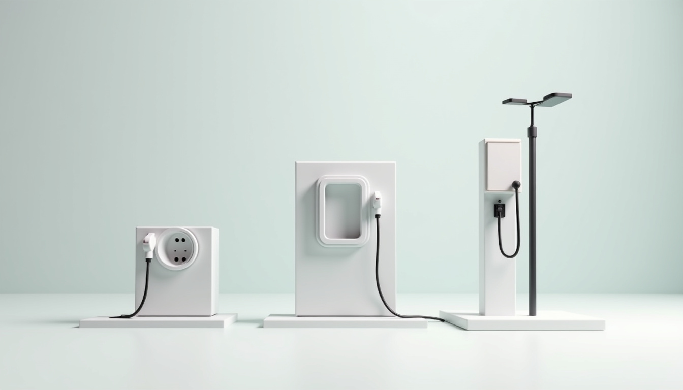 Comparatif visuel des différents types de bornes de recharge électrique: prise renforcée, wallbox, borne publique