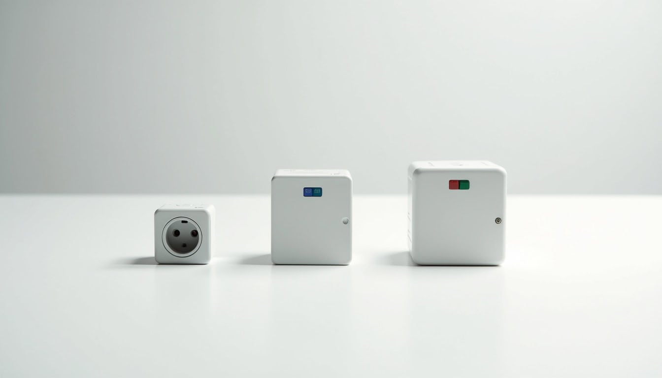 Comparatif visuel des différents types de bornes de recharge électrique: prise renforcée, wallbox monophasée, wallbox triphasée