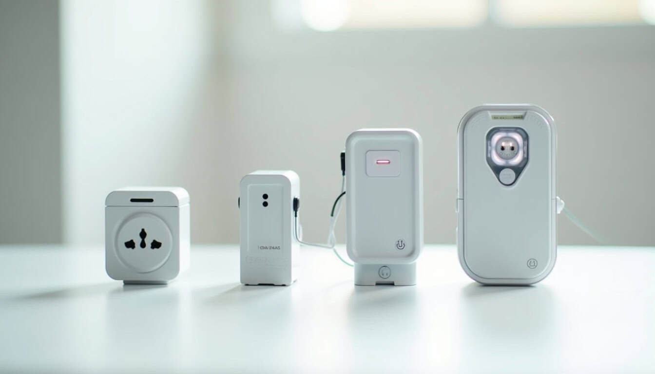 Comparatif visuel des différents types de bornes de recharge électrique: prise standard, Green'Up, Wallbox 7,4 kW et borne triphasée 22 kW
