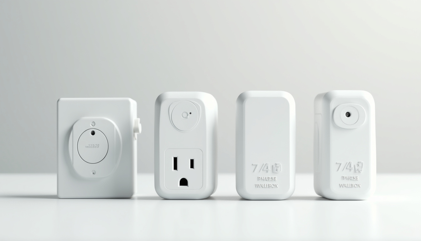 Comparatif visuel des différents types de bornes de recharge: prise renforcée, wallbox 7,4 kW, wallbox triphasée