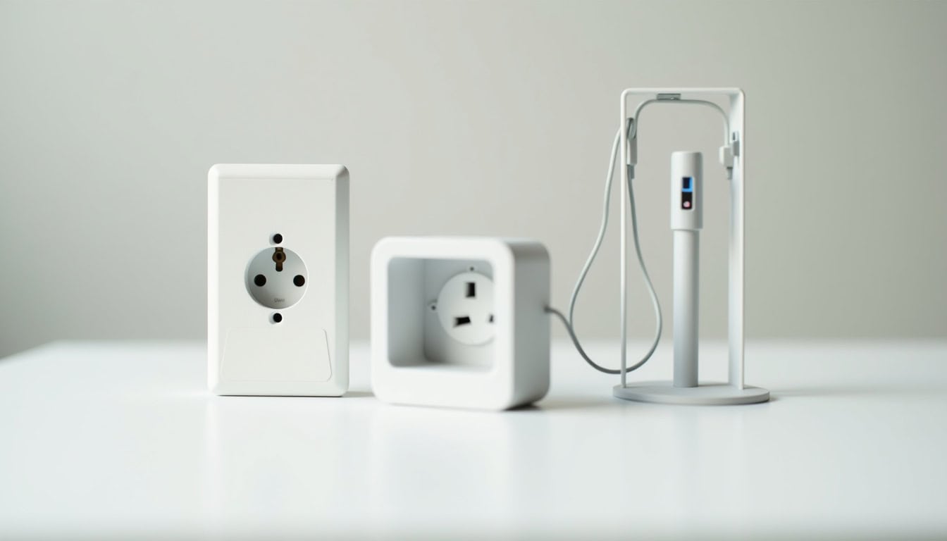 Comparatif visuel des différents types de bornes de recharge: prise renforcée, wallbox, borne publique