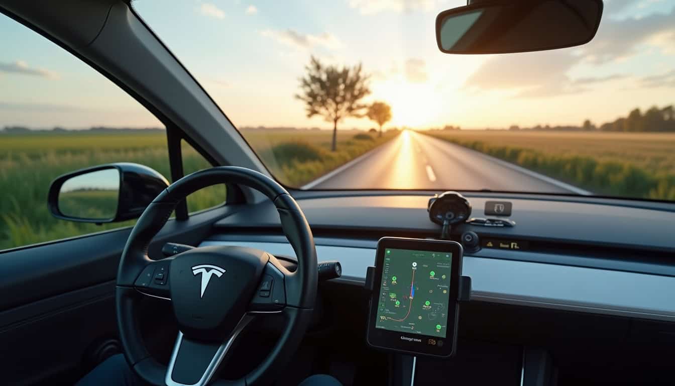 Conducteur planifiant son itinéraire avec une application de recharge pour voiture électrique