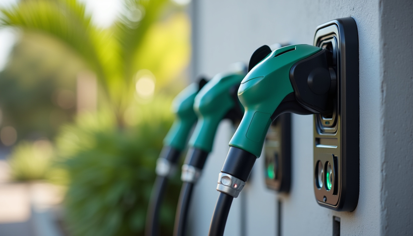 Détail d’une prise de type 2 sur une borne de recharge en Martinique, montrant la connectique standardisée