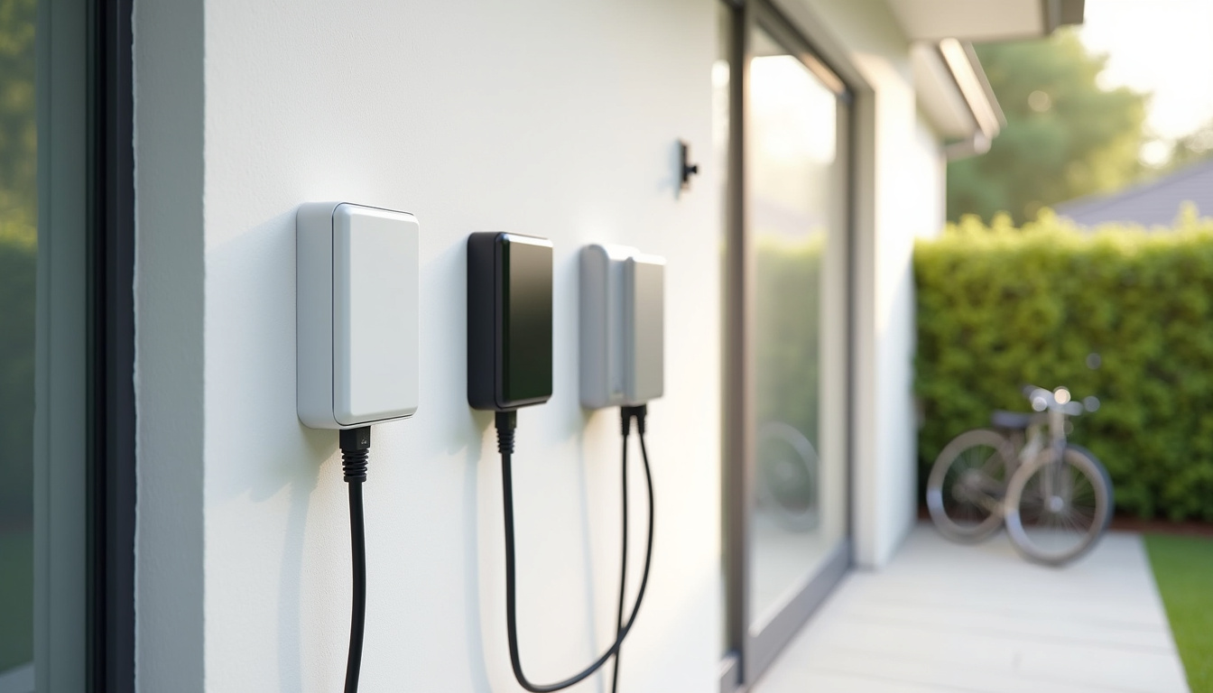 Différents modèles de bornes de recharge domestiques (Wallbox) installées en extérieur