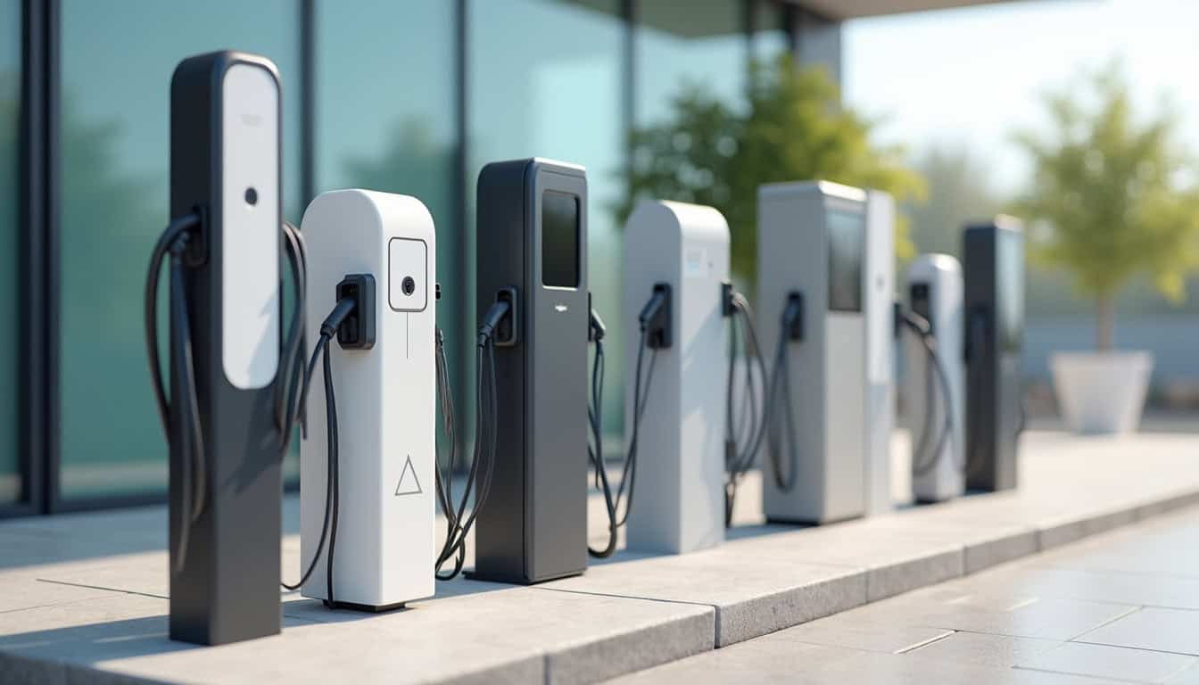 Différents modèles de bornes de recharge électrique alignés en extérieur, illustrant leurs formes et tailles variées