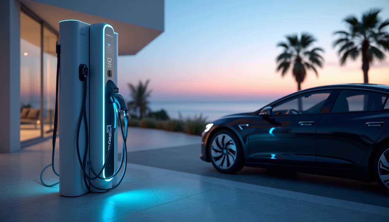 Différents modèles de bornes de recharge électrique avec câbles et connectiques