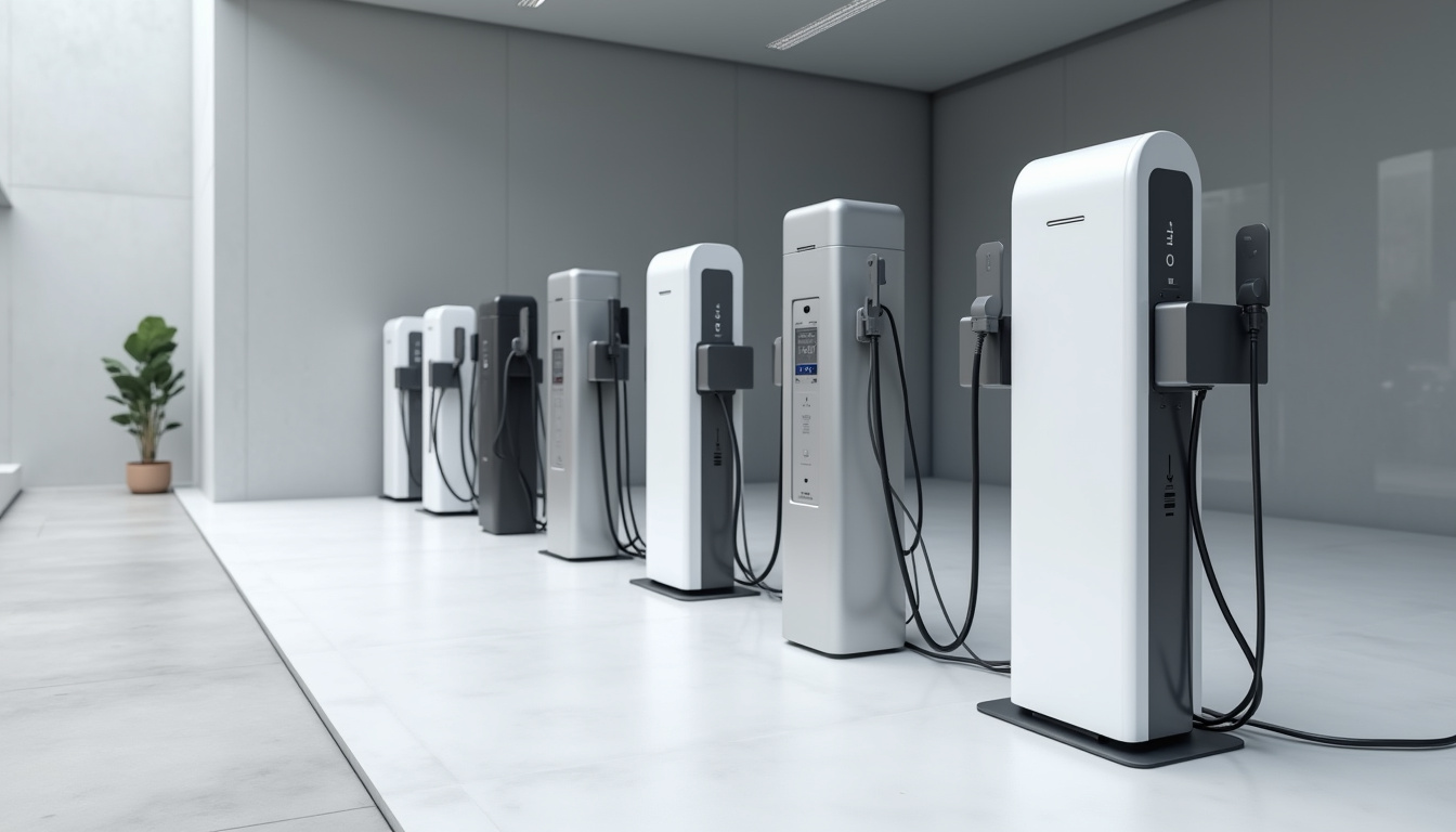 Différents modèles de bornes de recharge électrique exposés en intérieur
