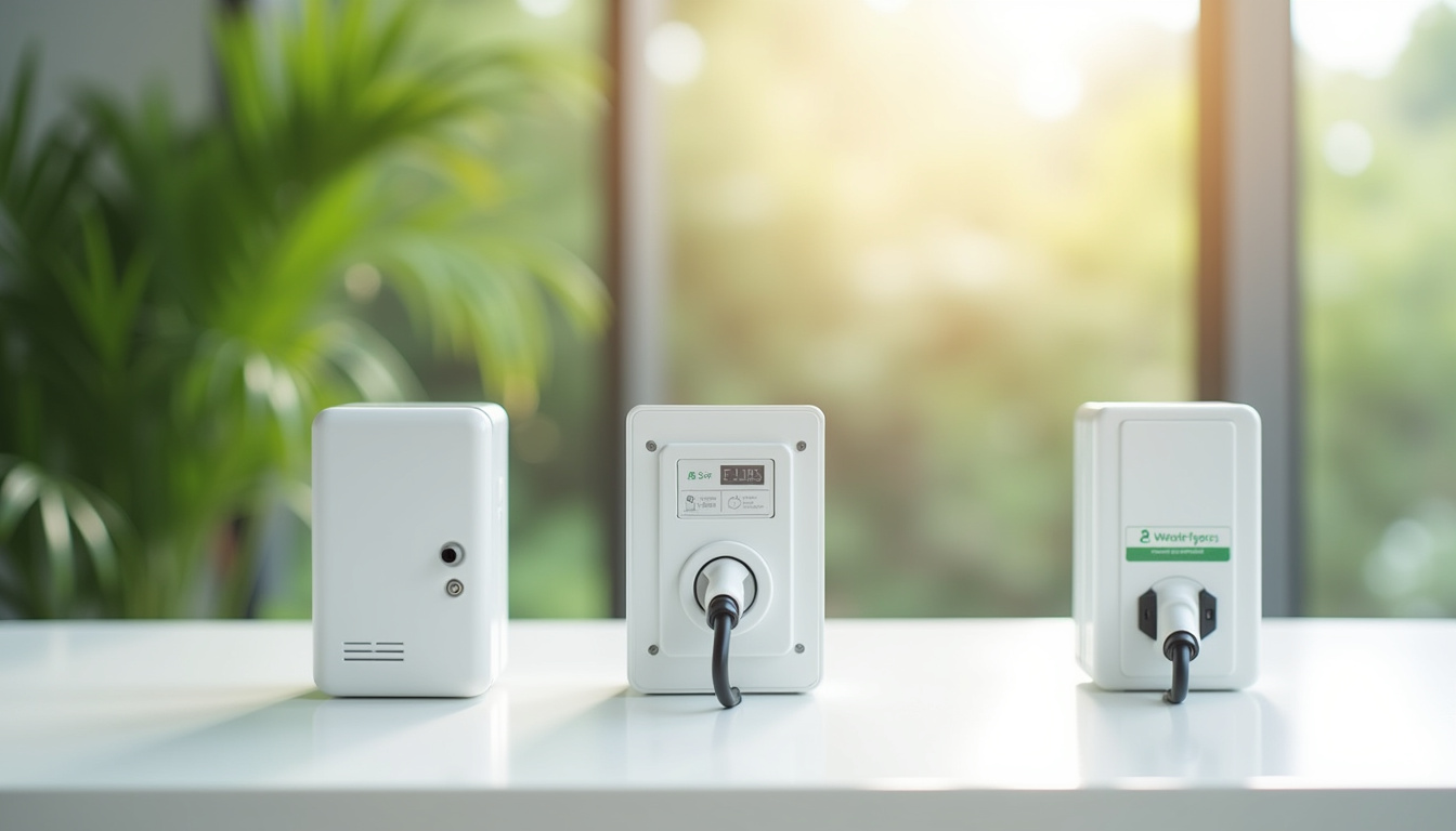 Différents modèles de bornes de recharge électrique installées à Le Vauclin: wallbox monophasée, triphasée et prise renforcée Green'up
