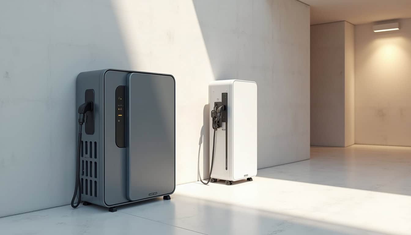 Différents modèles de bornes de recharge électrique installées en extérieur et en intérieur