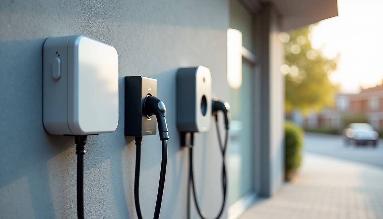 Différents modèles de bornes de recharge électrique installées en extérieur, illustrant les formats wallbox, prise renforcée et borne triphasée