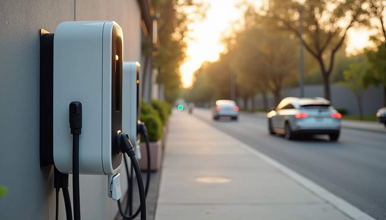 Différents modèles de bornes de recharge électrique installées en extérieur