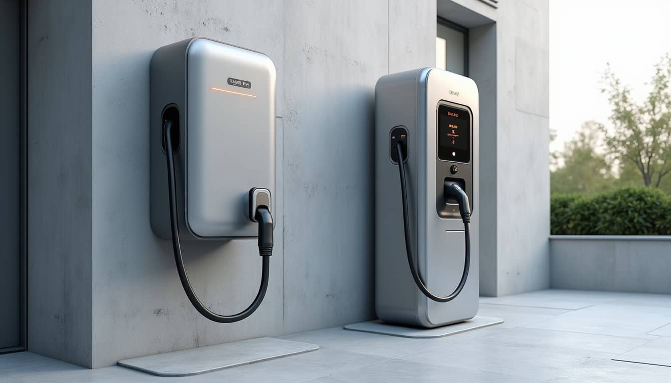 Différents modèles de bornes de recharge électrique installées en extérieur