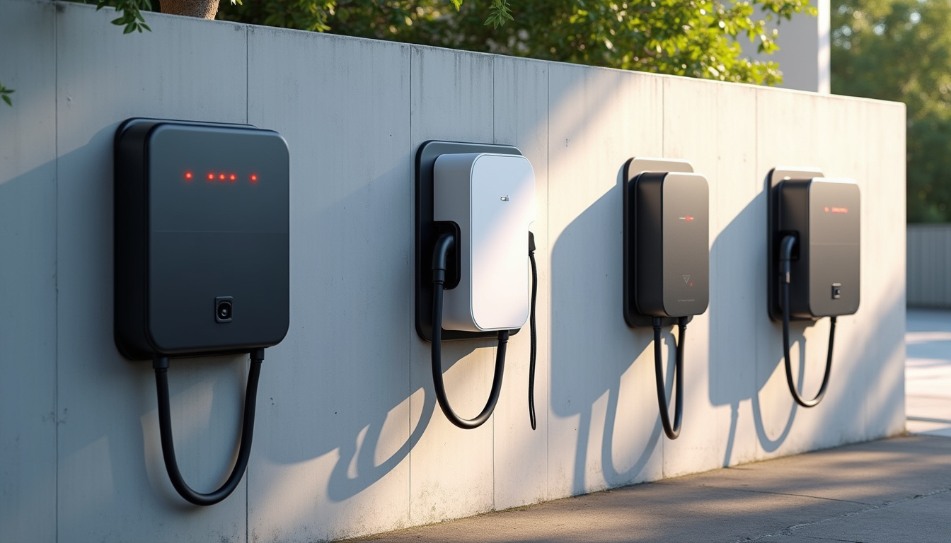 Différents modèles de bornes de recharge électrique installées sur un mur extérieur