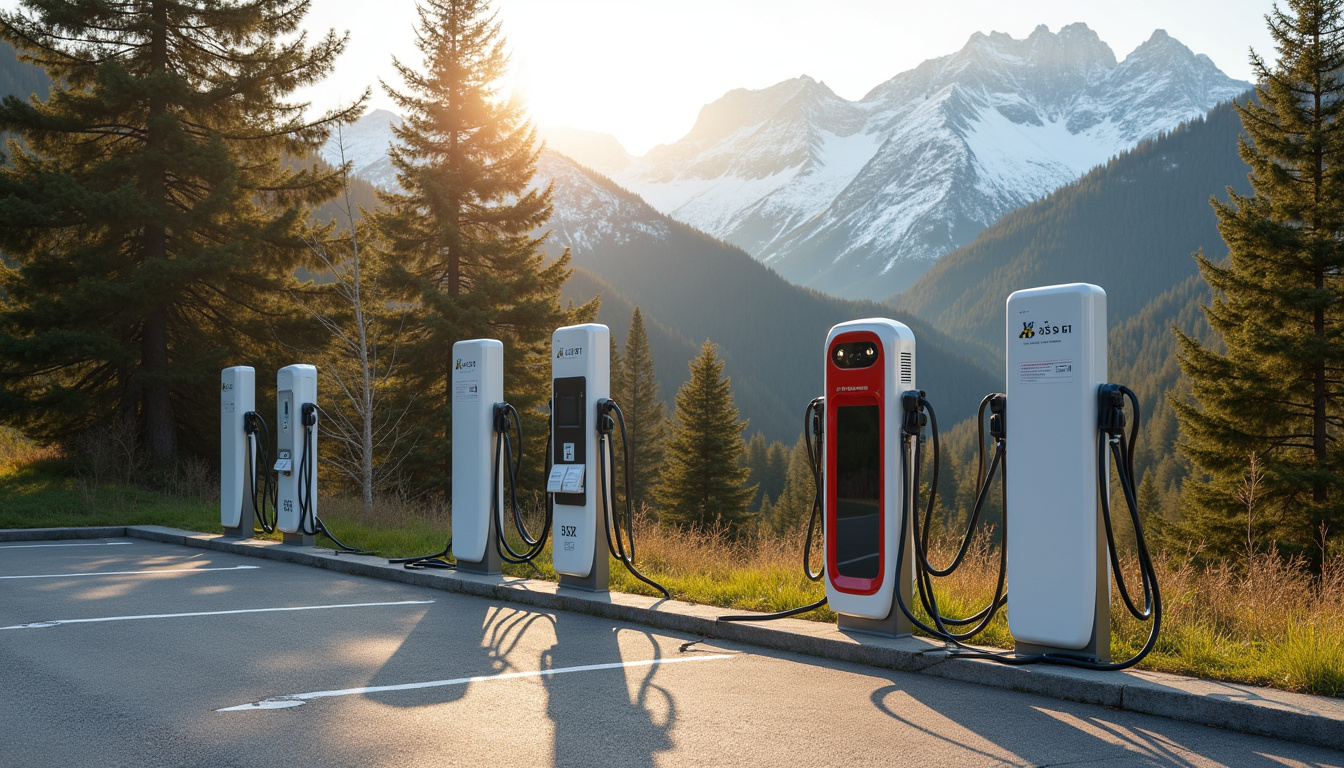 Différents modèles de bornes de recharge électrique installées sur un parking privé à Les Échelles