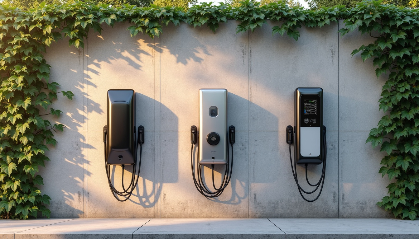 Différents modèles de bornes de recharge électrique posés sur un mur extérieur
