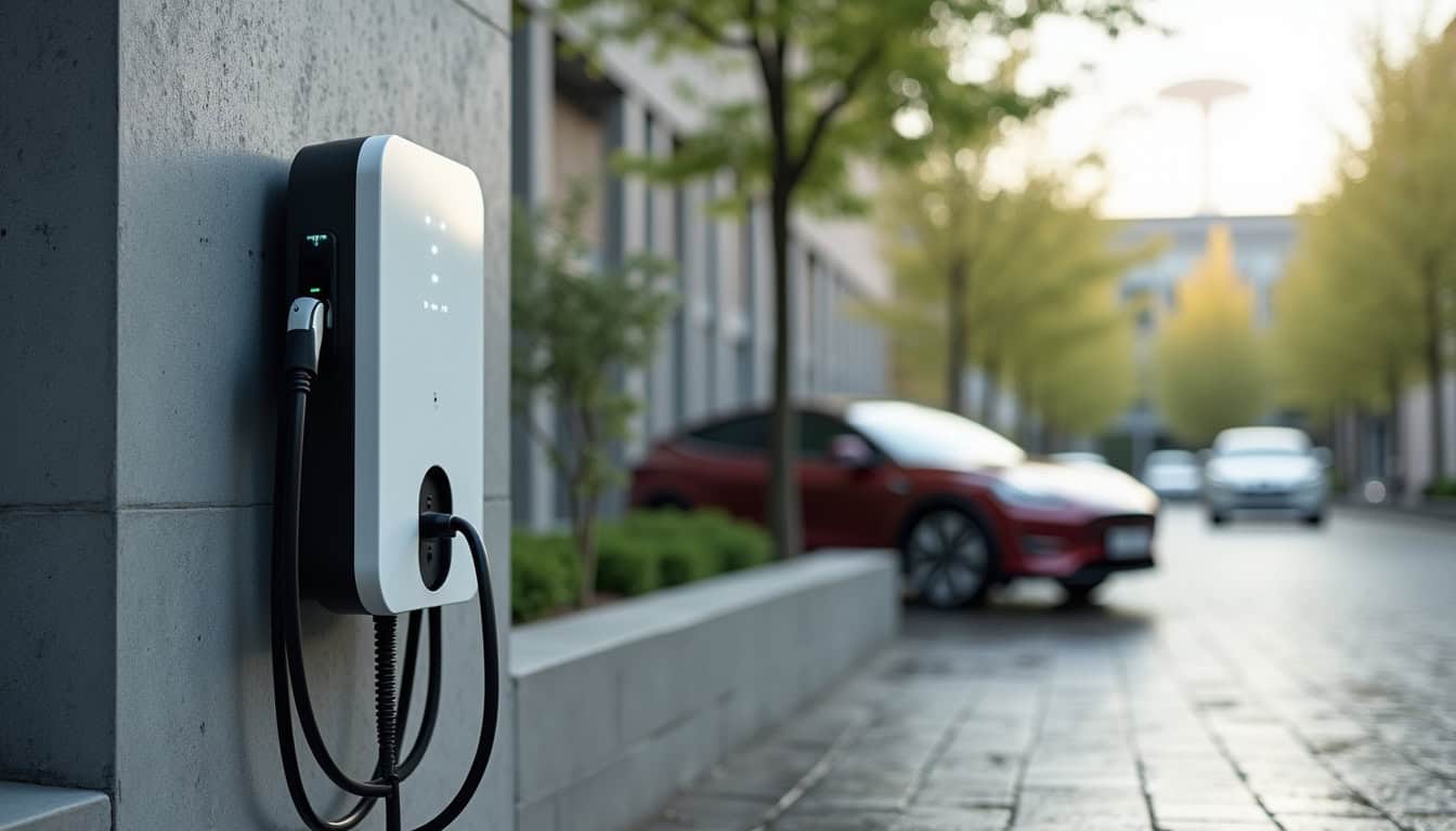 Différents modèles de bornes de recharge électrique pour véhicules en installation extérieure