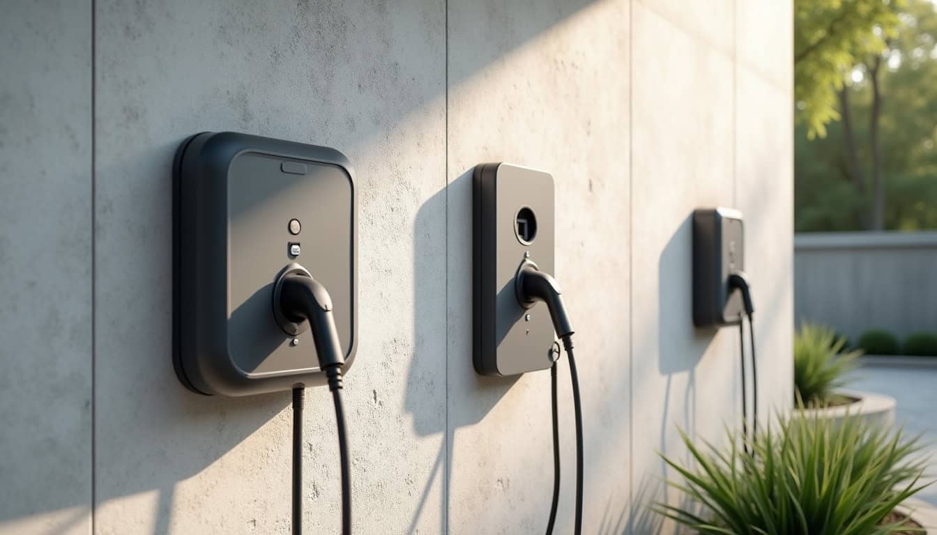 Différents modèles de bornes de recharge installées à Le Coteau: wallbox, prise renforcée, borne double