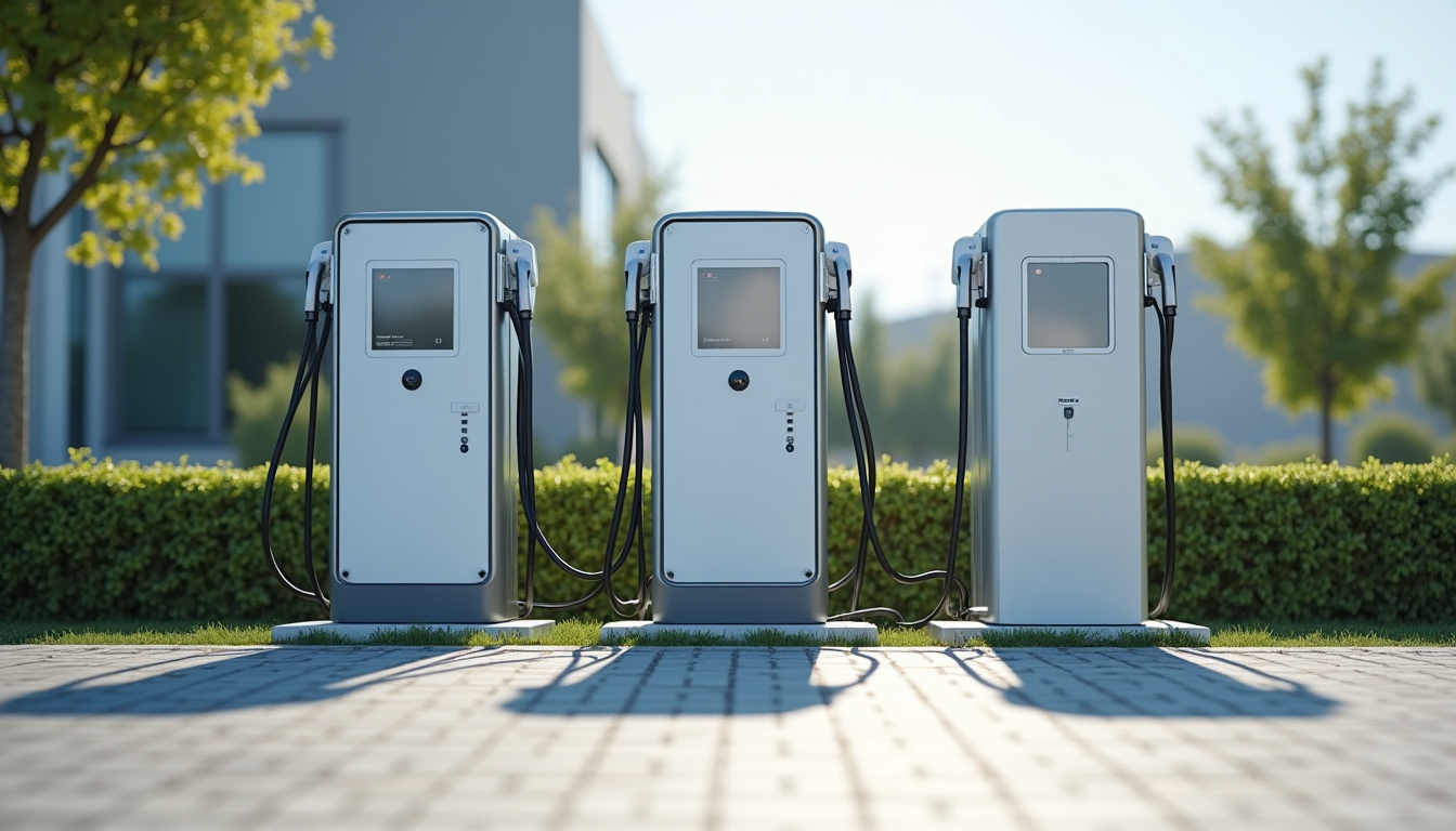 Différents modèles de bornes de recharge installées à l'extérieur, comparaison des designs et fonctionnalités