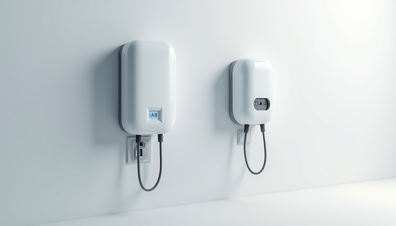 Différents modèles de bornes de recharge murales et prises renforcées destinées à une installation domestique