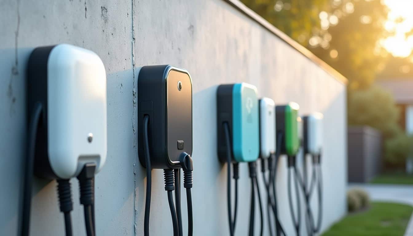 Différents modèles de bornes de recharge pour véhicule électrique installées sur un mur extérieur