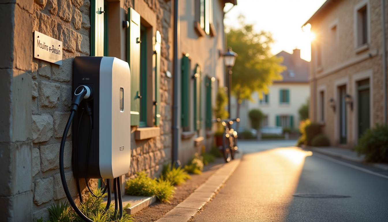 Différents modèles de bornes de recharge pour véhicules électriques installées à Moulins-en-Bessin