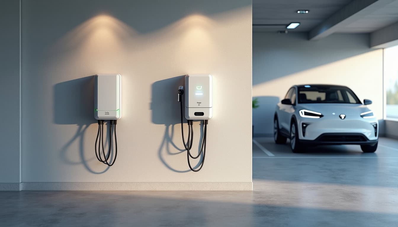 Différents modèles de bornes de recharge pour véhicules électriques installées dans un garage à Magnac-Bourg