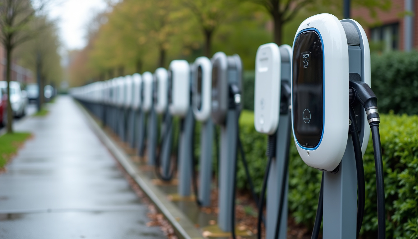 Différents modèles de bornes de recharge pour véhicules électriques installées en extérieur