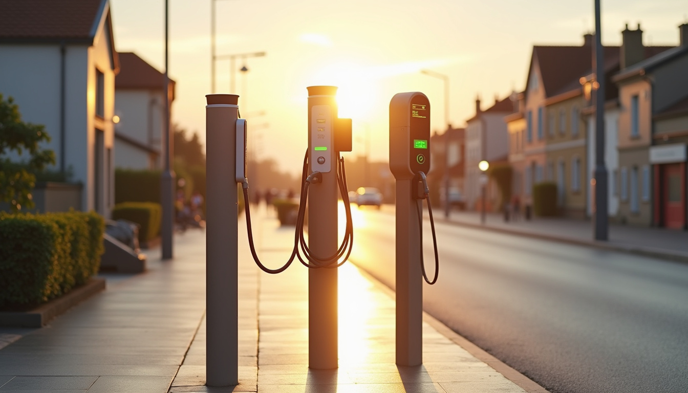 Différents modèles de bornes de recharge pour voiture électrique installées en extérieur