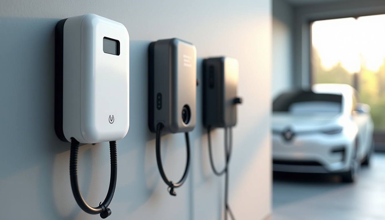 Différents modèles de bornes de recharge pour voitures électriques installées à Hénon