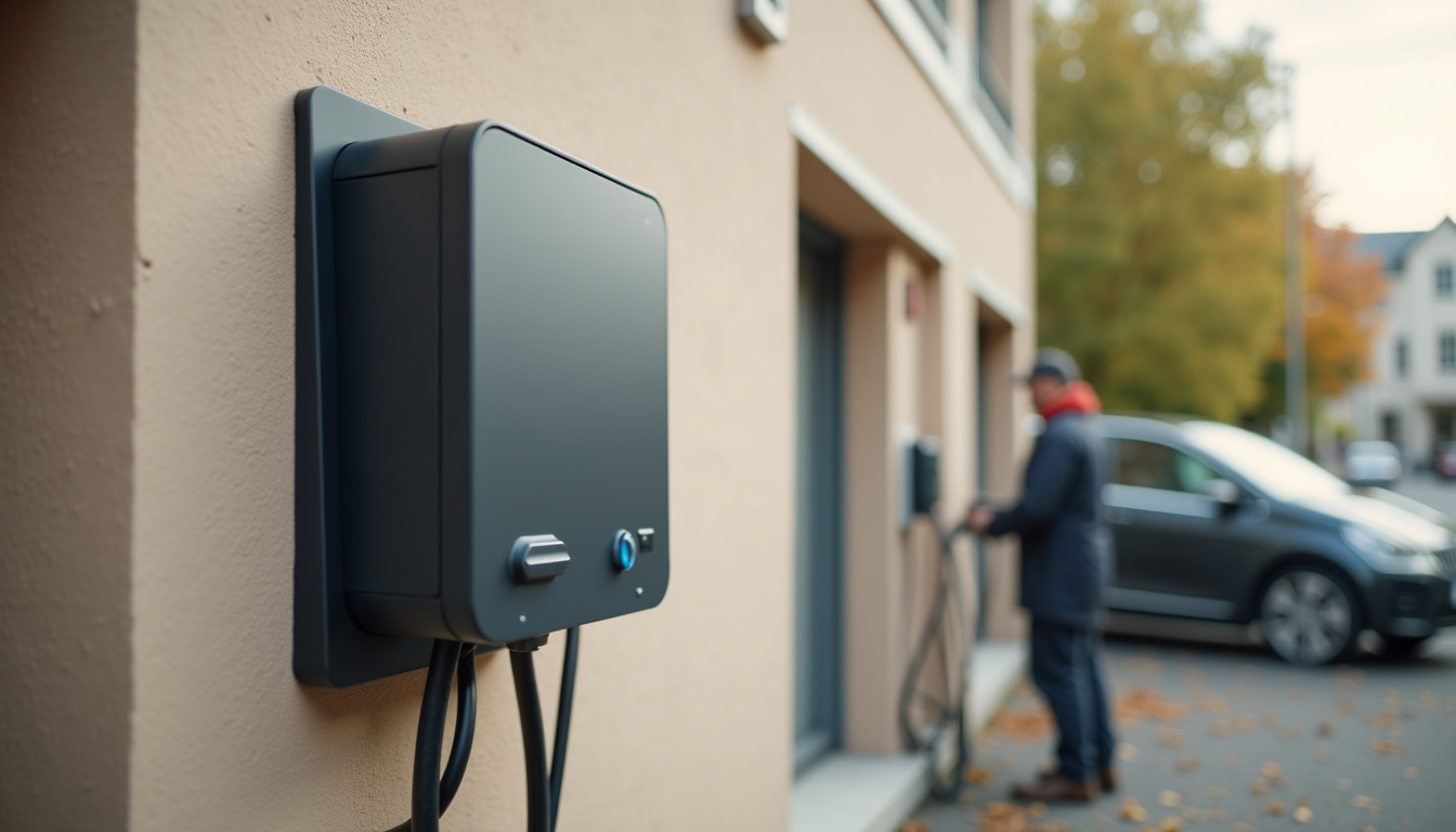 Différents modèles de bornes électriques en cours d'installation sur un mur extérieur