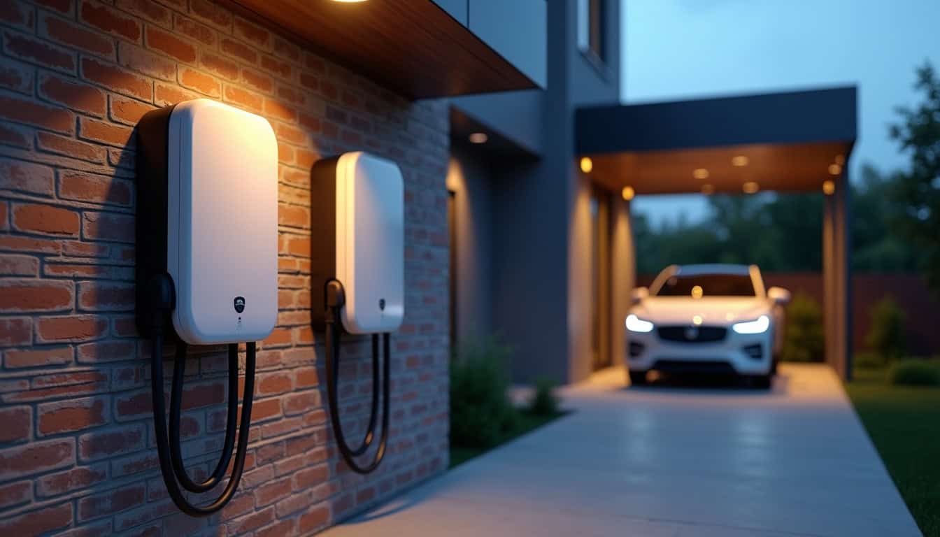 Différents modèles de bornes électriques installées dans un garage et en extérieur