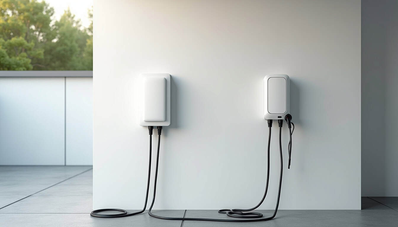 Différents modèles de bornes électriques installées dans un garage résidentiel