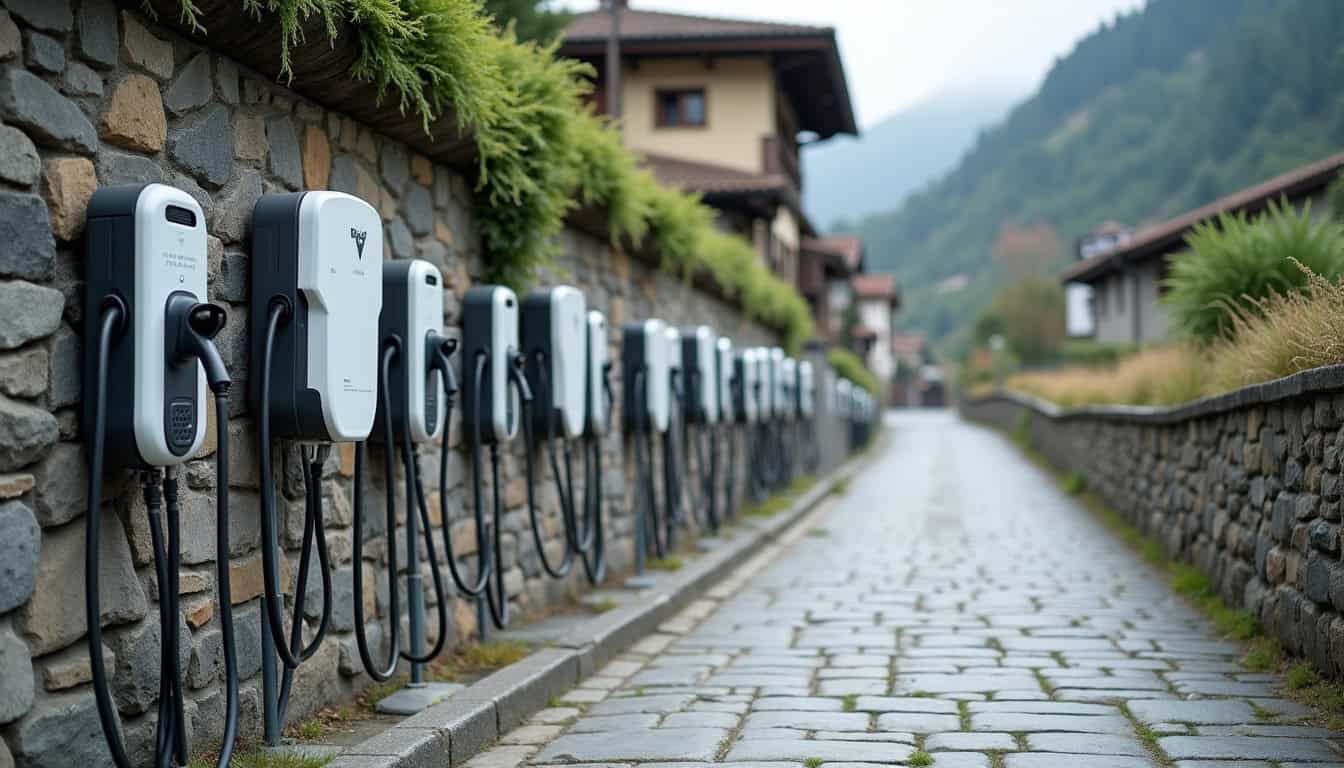 Différents modèles de bornes électriques installées en extérieur à Tende