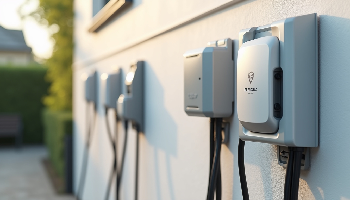 Différents modèles de bornes électriques installés sur un mur extérieur