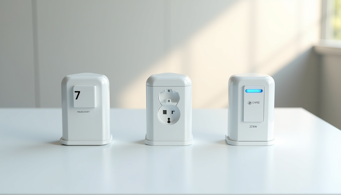Différents types de bornes de recharge électrique installées à La Fère: wallbox 7 kW, prise renforcée et borne triphasée 22 kW