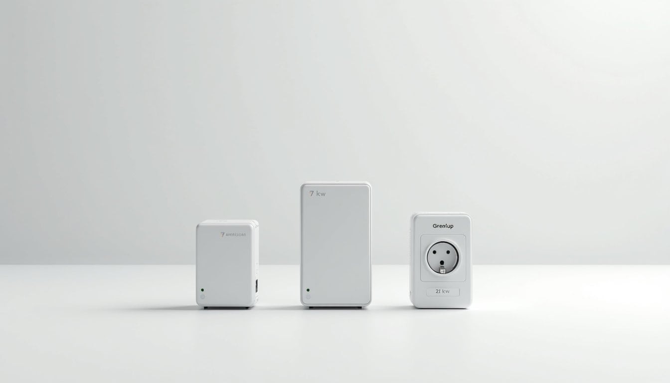 Différents types de bornes de recharge électrique installées à Montmacq: wallbox 7 kW, borne triphasée 22 kW, prise Green'up