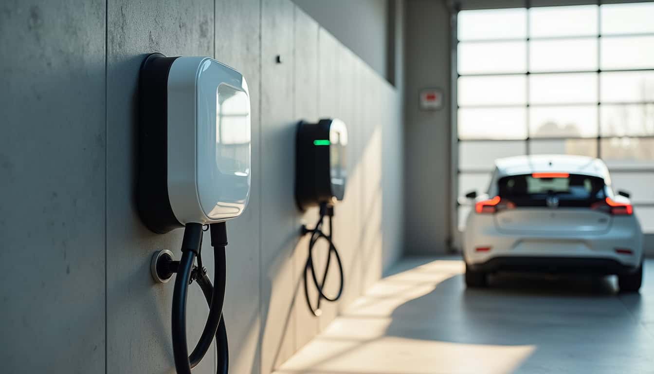 Différents types de bornes de recharge électrique installées dans un garage à Bretteville-sur-Odon