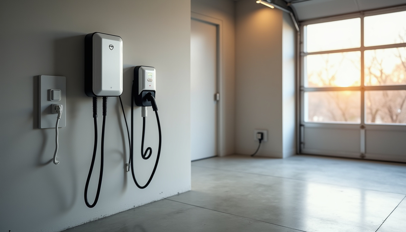 Différents types de bornes de recharge électrique installées dans un garage résidentiel
