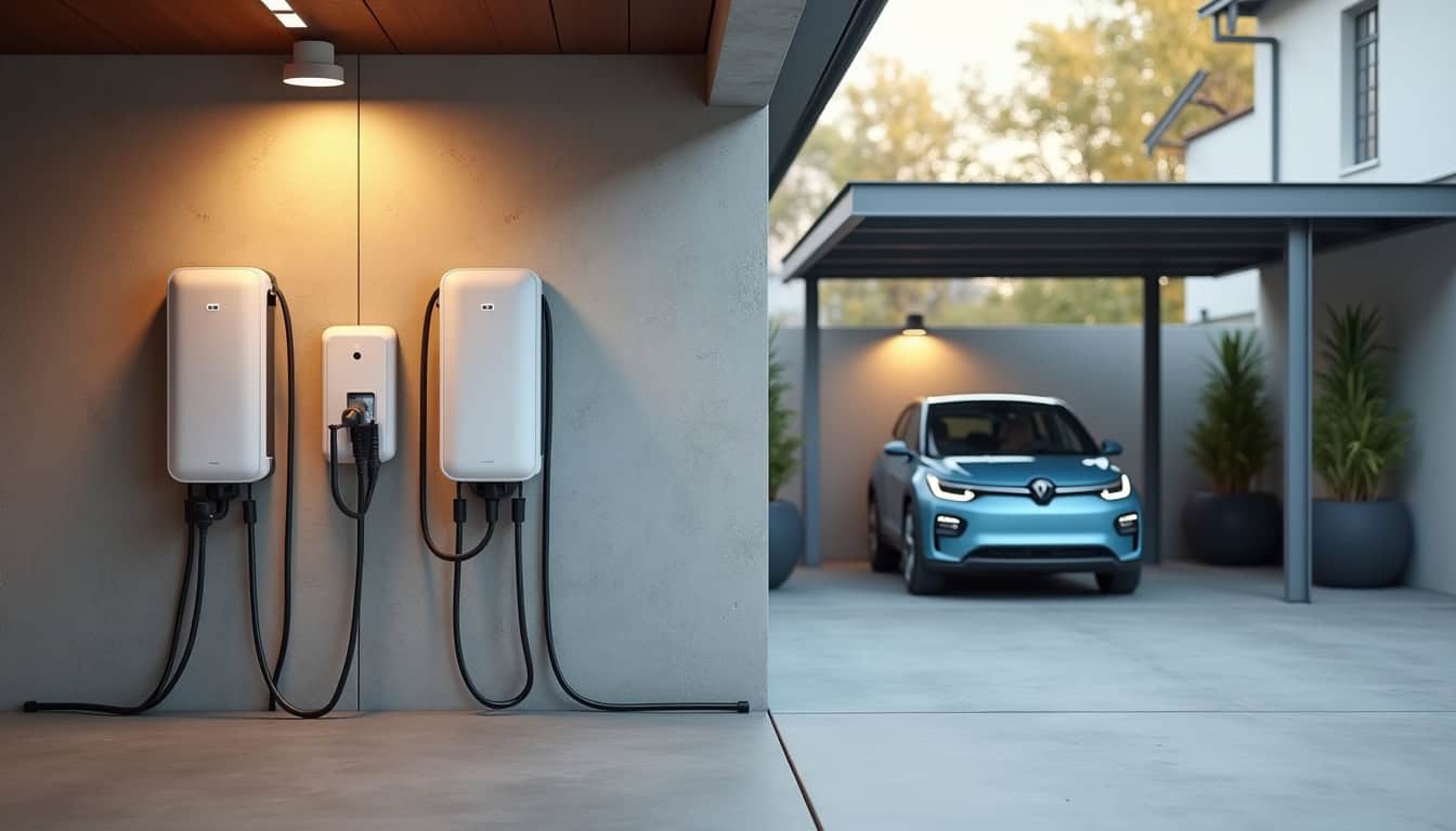 Différents types de bornes de recharge électrique posées dans un garage et en extérieur