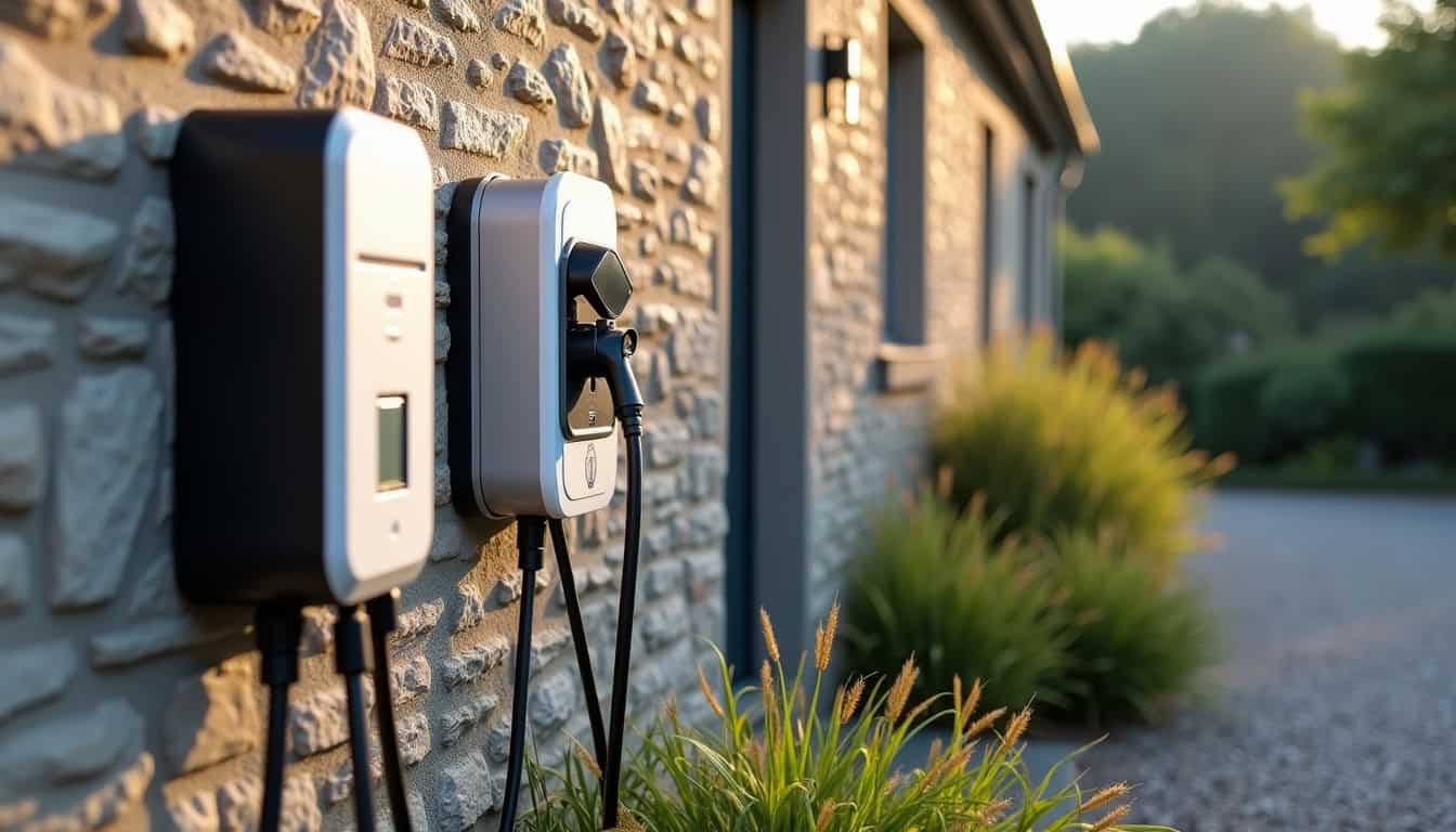 Différents types de bornes de recharge installées devant une maison à Plougoumelen