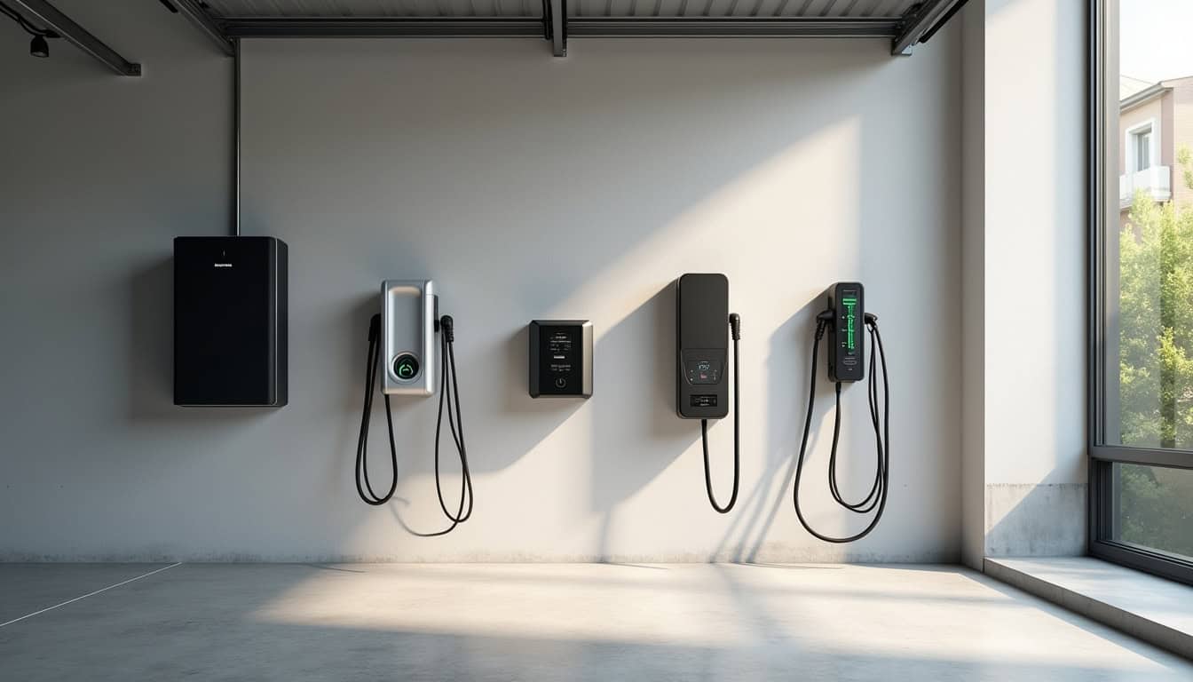 Différents types de bornes de recharge pour voitures électriques posées dans un garage à Corme-Royal