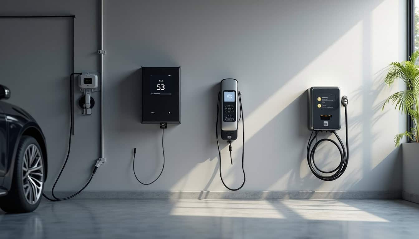 Différents types de bornes électriques installées dans un garage