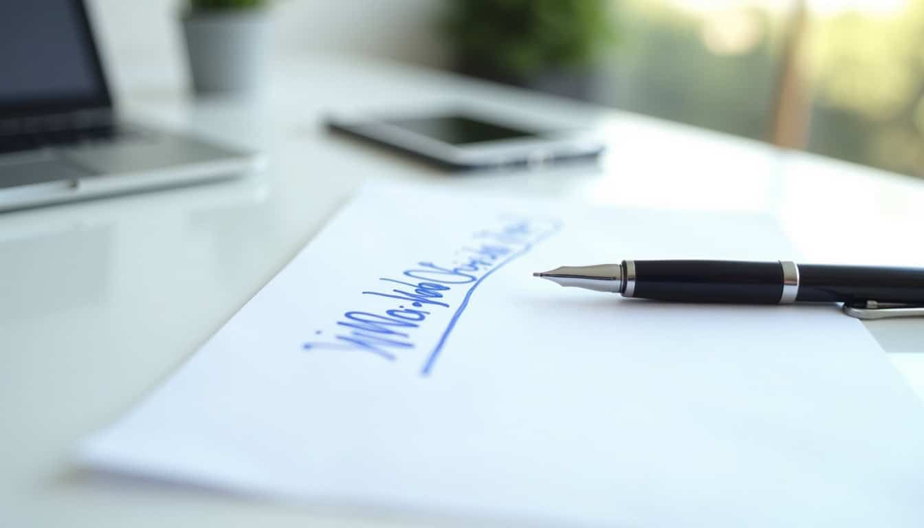 Document administratif posé sur une table avec un stylo, entouré d'un téléphone et d'une tablette