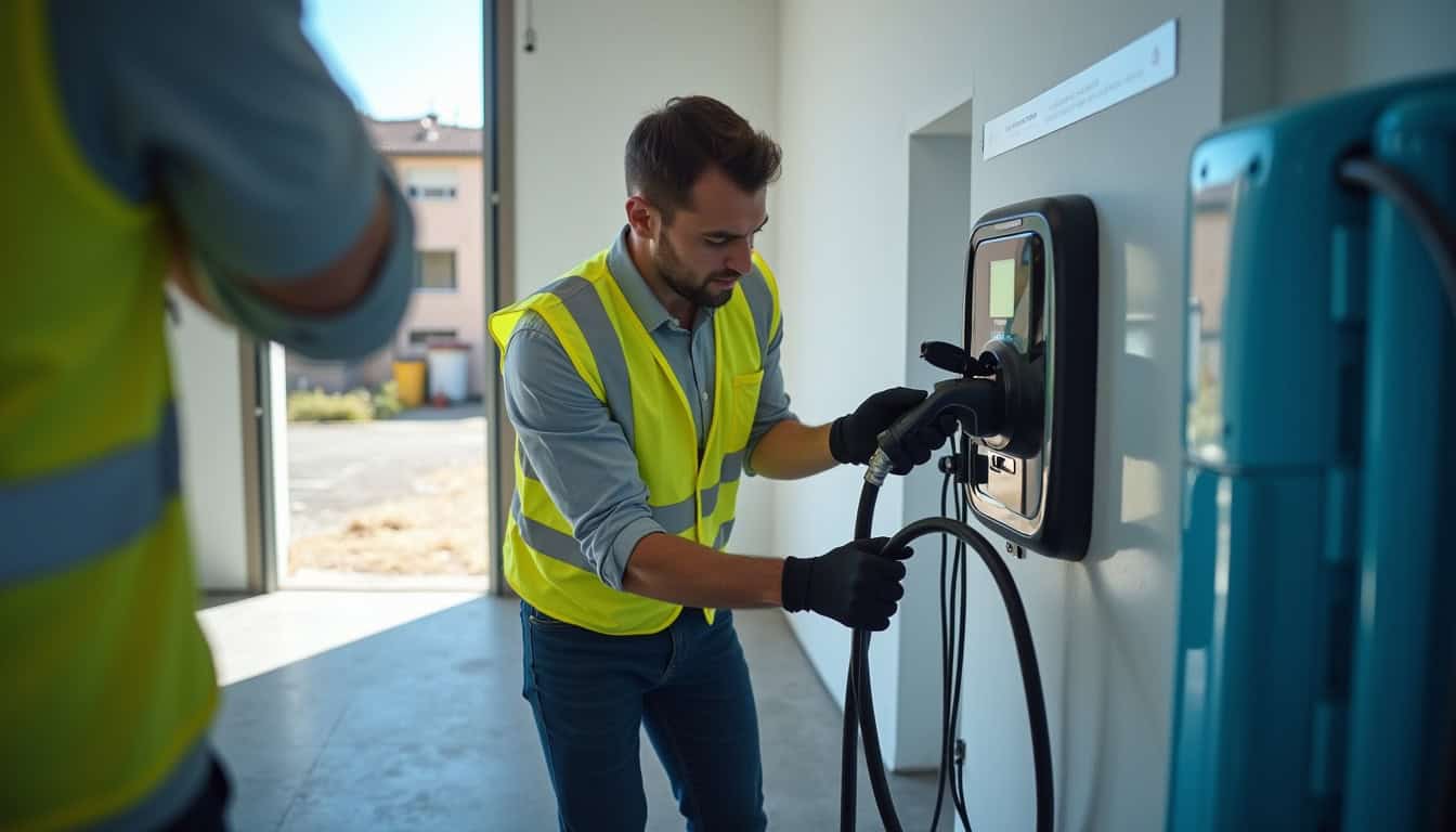 Électricien certifié IRVE en intervention pour l'installation d'une borne de recharge